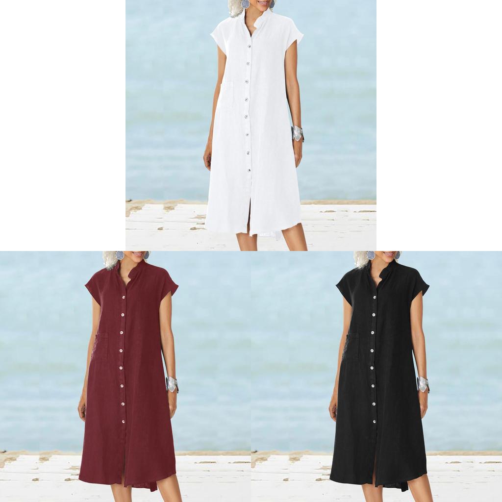 Cotton Linen Long Dress With Pocket And Stand Collar For Casual Travel