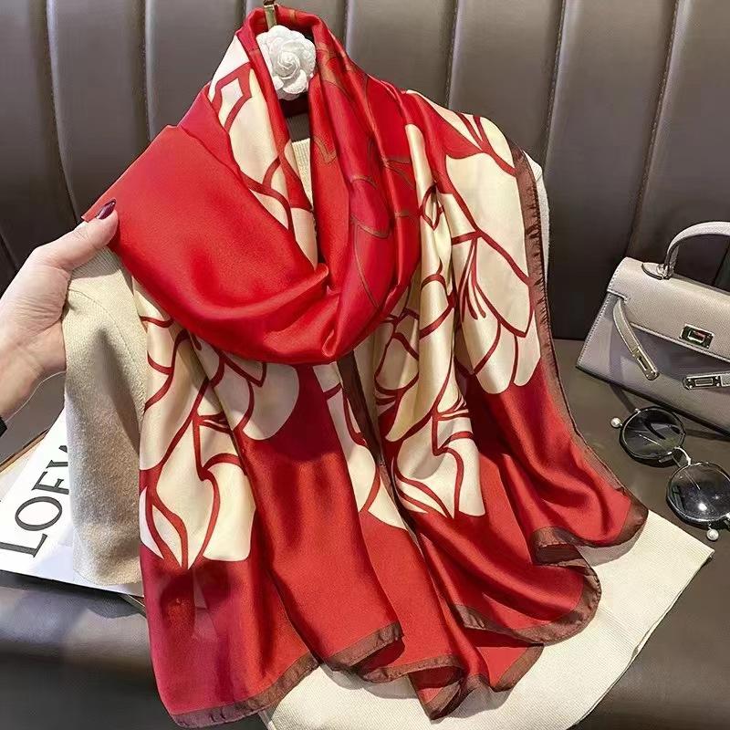 New Style Spring Summer Women Big Flower Print Scarf Ladies Popular Beach Silk Satin Shawl Fashion Headcloth