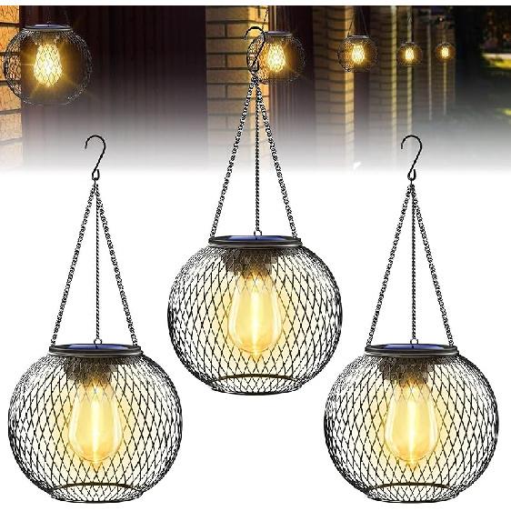 Waterproof Outdoor Solar Hanging Light,Upgraded Metal Hanging Solar Lights Lantens for Outside Decorative Lanterns for Garden Yard Patio