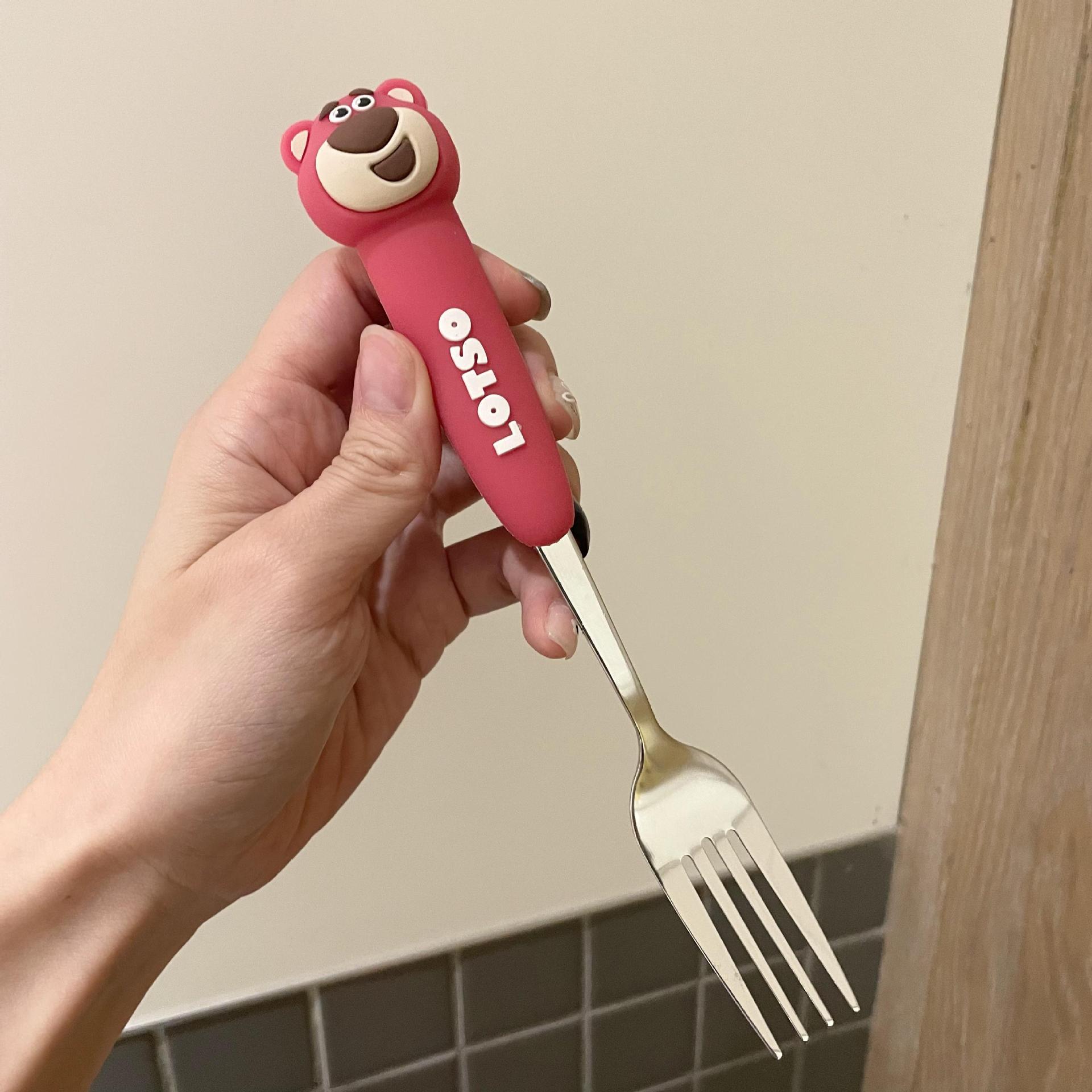 

High-value spoon 304 stainless steel spoon Children s fork set Cute strawberry bear household baby eating spoon