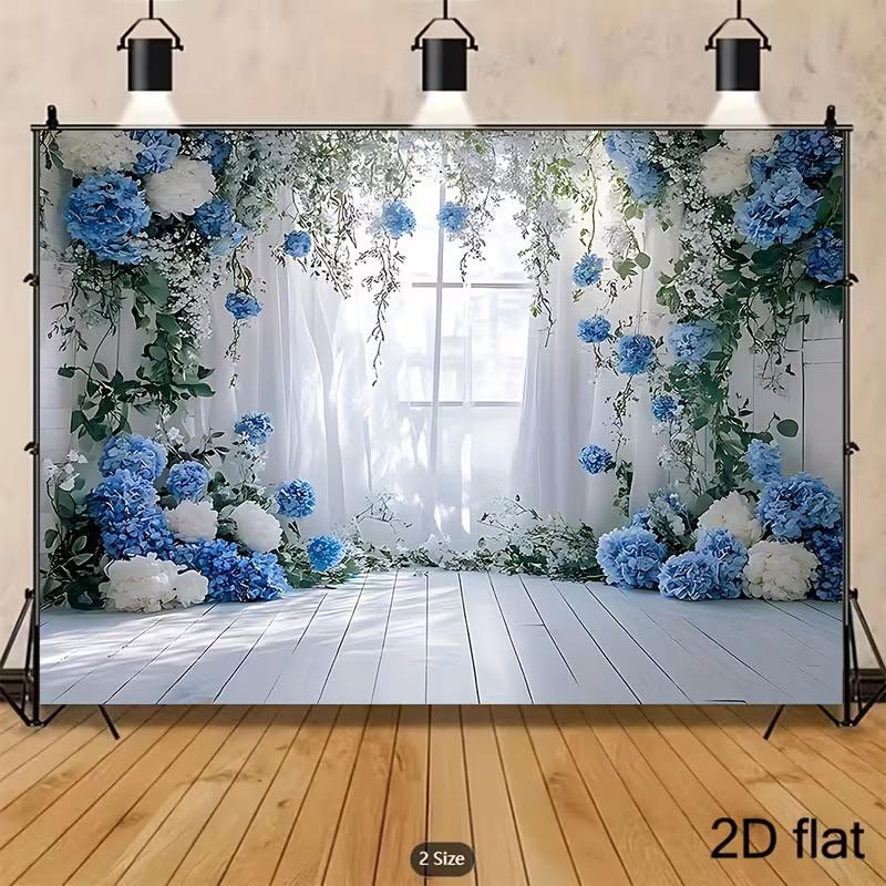 2D Romantic White and Blue Floral Backdrop Photo Booth Background