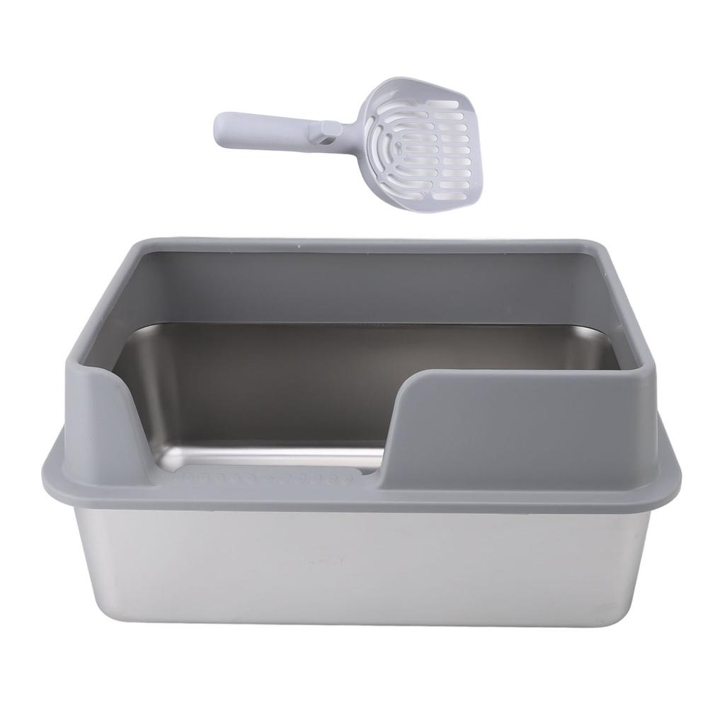 Stainless Steel Litter Pan Splash Proof Large Open Top High Side Litter Pan with Scoop Large Black