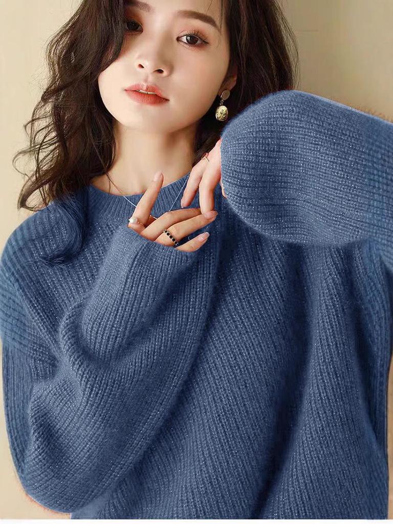 European Style Red Glitter Wool Sweater for Women - Round Neck, High-End, Thickened, Autumn/Winter