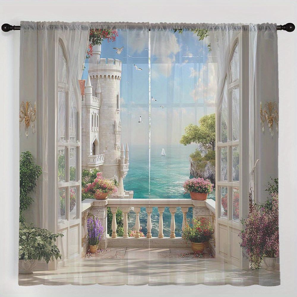 Sheer Castle Ocean View Curtains Romantic Dreamy Print Kitchen Caf Living Room Balcony Garden Curtain Set Of 2 Made Polyester Washable Ready