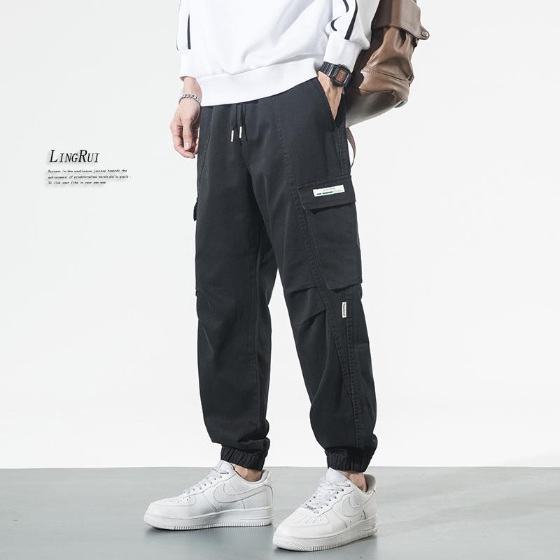 Lingrui Japanese Men's Loose Fit Trendy Wide-Leg Elastic Waist Multi-Pocket Overalls