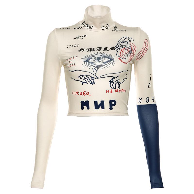 

Укороченный топ в стиле панк, осень-зима y2k, контрастный цвет, женский укороченный топ с воротником до половины и принтом, футболка, женский топ, рубашка L абрикосовый