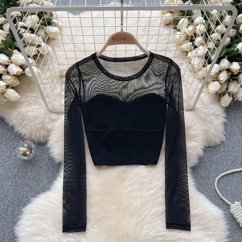 Fashion Pure Desire Mesh Patchwork Niche Style Long Sleeves T-shirt