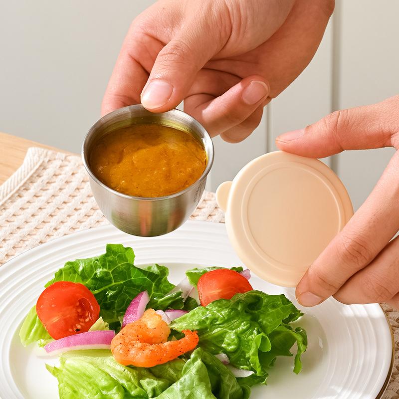 Seasoning Box With Sealed Lid Portable Leak-Proof Silicone Cover Sauce Cup 304 Stainless Steel Small Storage Box Container