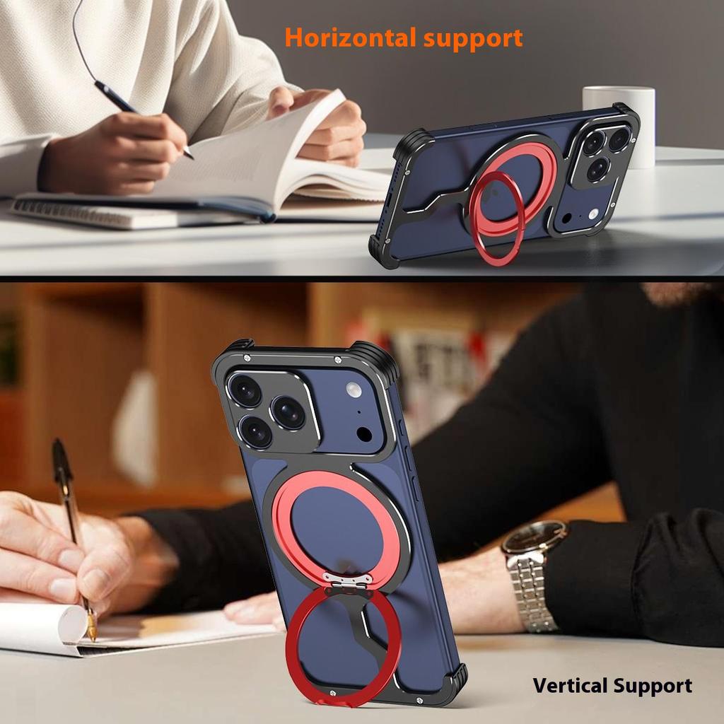 For iPhone 17 Pro Metal Case Rotating Kickstand Heat Dissipation Frameless Phone Bumper Cover with Lens Protector