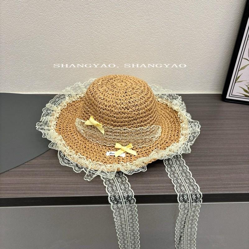 

Sweet mesh lace-up lace streamer straw hat women s summer seaside vacation wind beach hat sunshade children s hat parent-child Children s (52-54cm) хакі