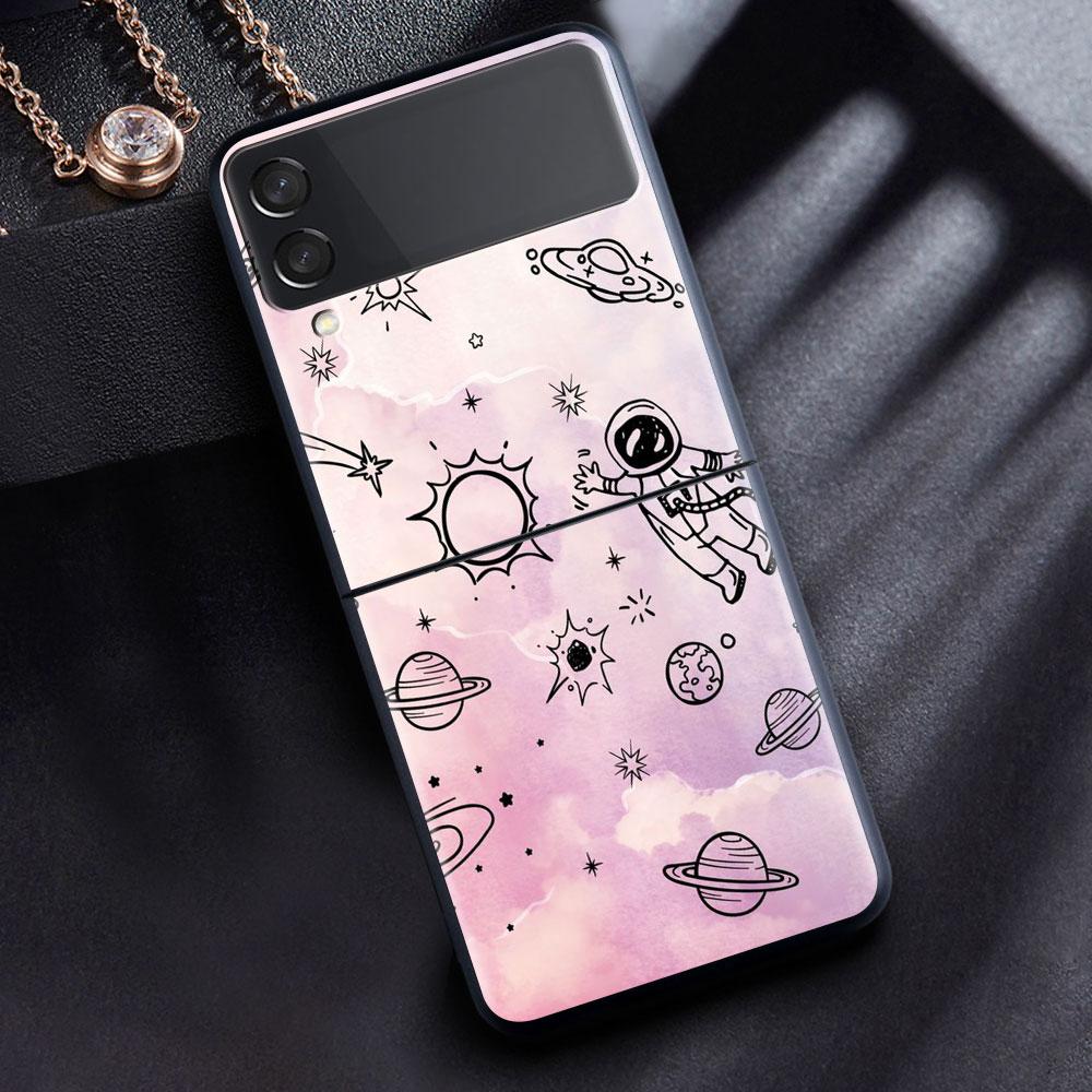 Case For Samsung Galaxy Z Flip 3 4 5G Black Hard PC Phone Housing Z Flip4 Luxury Segmented Cover Cosmic Planet