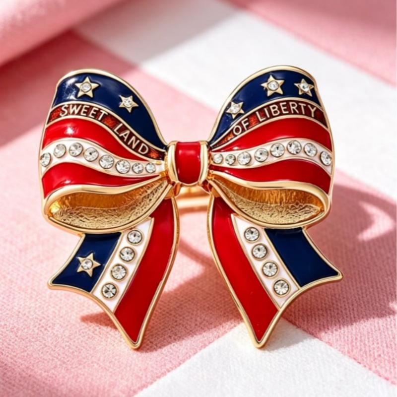 Spille Spilla Fiocco Bandiera Americana Spille Smalto Patriottiche Colori Bandiera USA Rosso Bianco Blu Smalto Strass Spille da Bavero Gioielli Regali