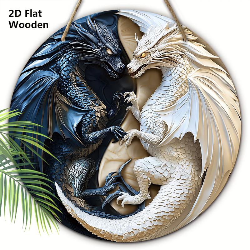 

Деревянная табличка в китайском стиле с узором из двух драконов - Уникальная круглая табличка для входной двери, настенный декор, подвесной декор для крыльца 20cm/7.87in белый