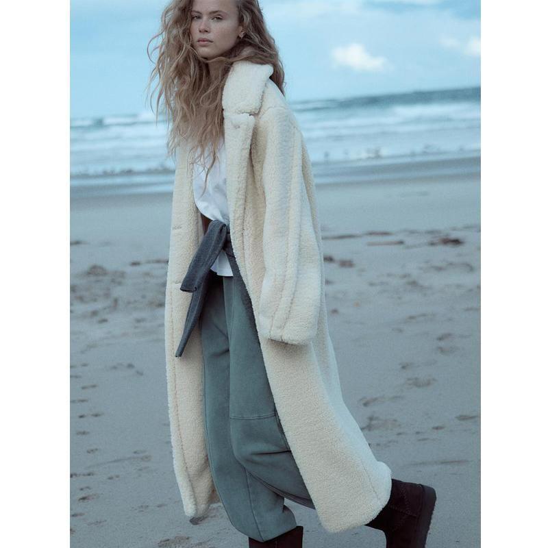 Fall and Winter New Women's Clothing Idle Style Heattech Lapel Long Sleeves Fleece Long Overcoat Outerwear 1255856