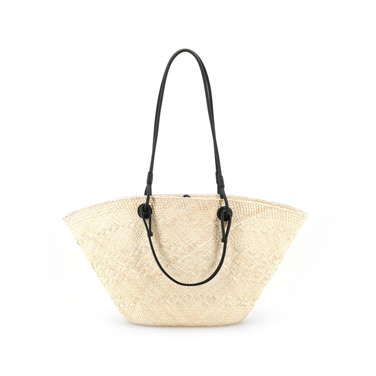 Loewe Basket Woven Resort Style Palm Fiber And Leather Tote Bag Medium Women Handbags Beige Black A223T43X02-2165