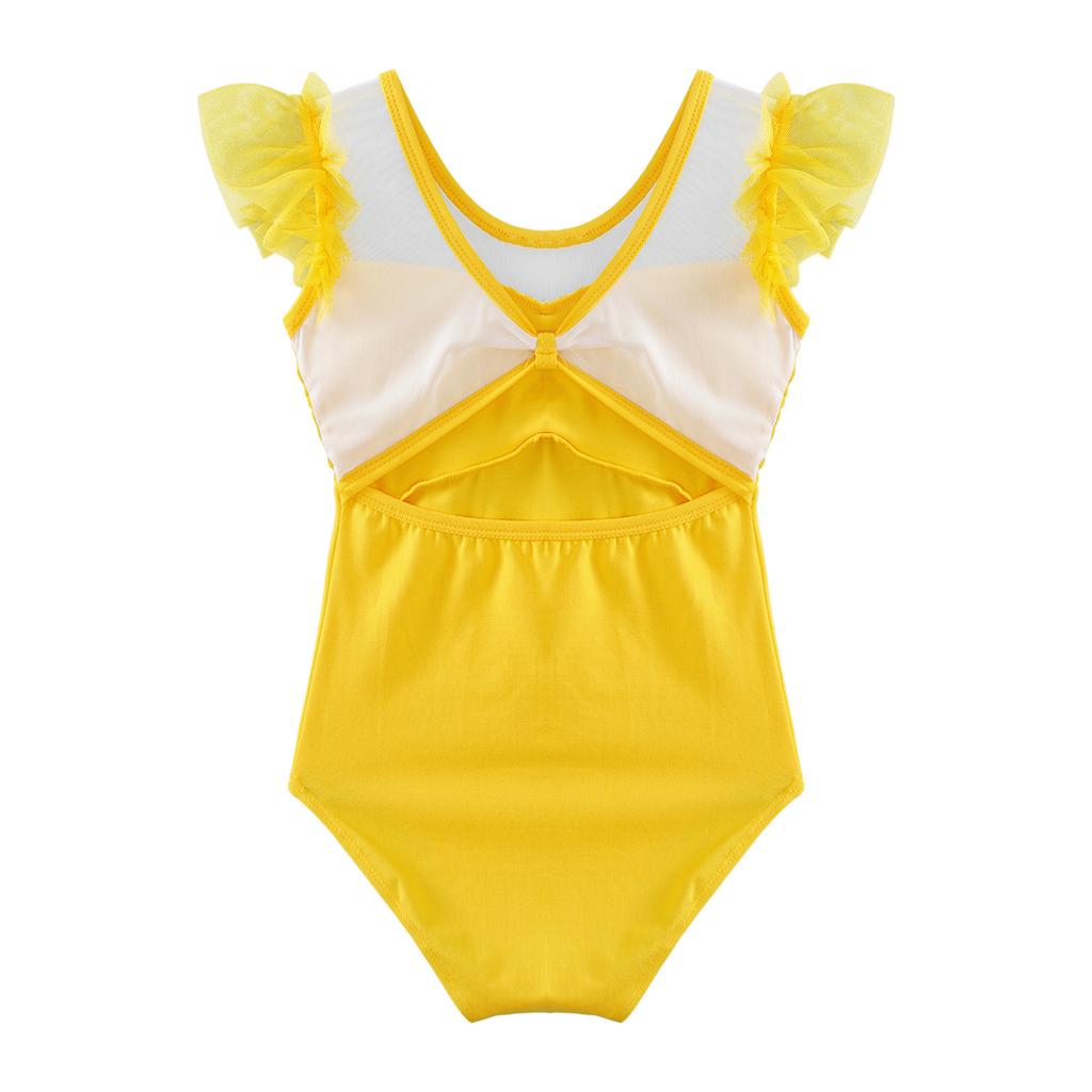 Girls Ruffle Sleeve Leotard Ruched Mesh Patchwork Cutout Back Bodysuit