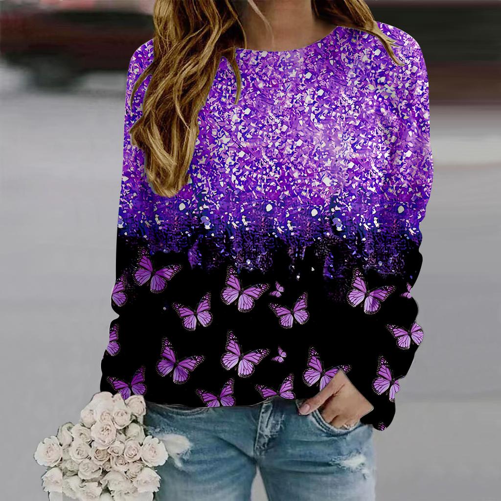 Fall Autumn Women'S Fashion O Neck Long Sleeve T-Shirt Loose Clothes Blue Chrysanthemum Butterfly Print T Shirt For Girls Street