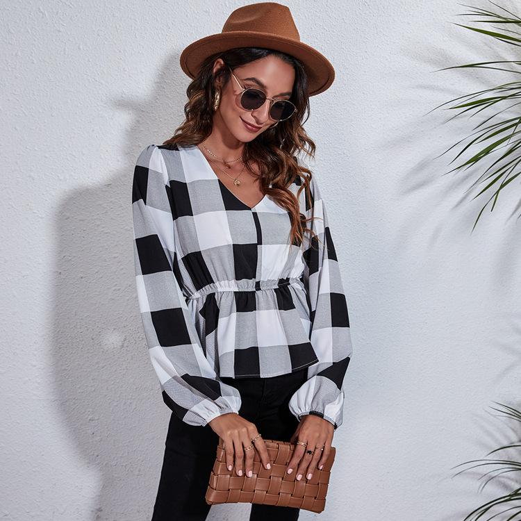 BITCED 19 Floral Checkered Chain Floral Checkerboard Printed Long Sleeve Chiffon Shirt for Women Spring and Autumn