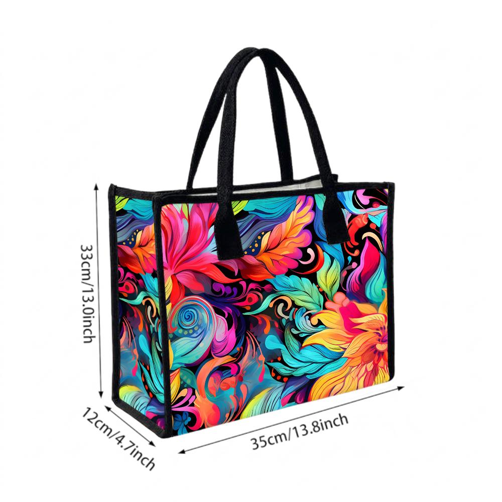 Colorful Floral Print Casual Tote Bag Portable Daily Use Lightweight Reusable Fashion Carryall Handbag