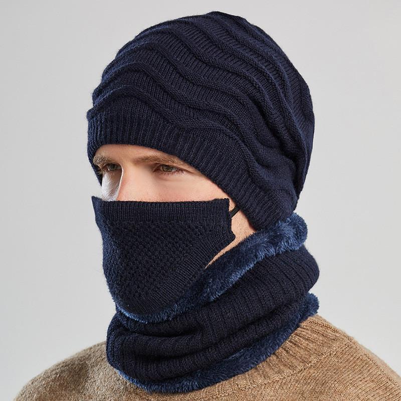 Knitted Hat Men Winter Warmth Windproof Cap Scarf Threepiece Set For Commuting