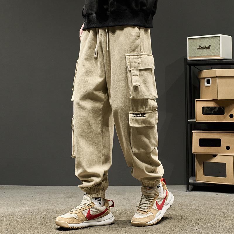 Men's American Trendy Multi-Pocket Loose Cargo Joggers - Military Green Parachute Pants, Casual Retro Style for Autumn.