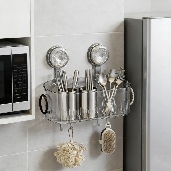 No-Drill Shower Caddy Removable Suction Cup Storage Shelf with Hooks Wall Mounted Clear Storage Box Bathroom Organizer for Shower Toiletries