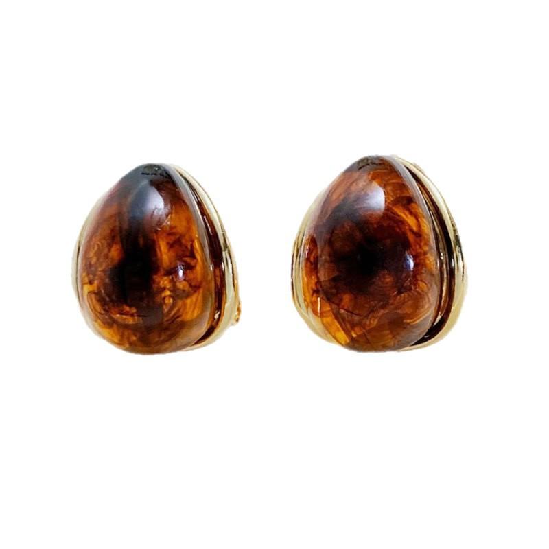 Vintage Maillard Amber Water Drop Ear Buckle Light Luxury Simple Unique Earrings Premium Smudge Resin Earrings