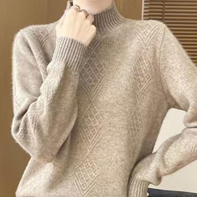 Half High Collar Jacquard Knitted Sweater Women's Autumn and Winter Solid Color Knitted Sweater Long Sleeved Loose Thick Pullover