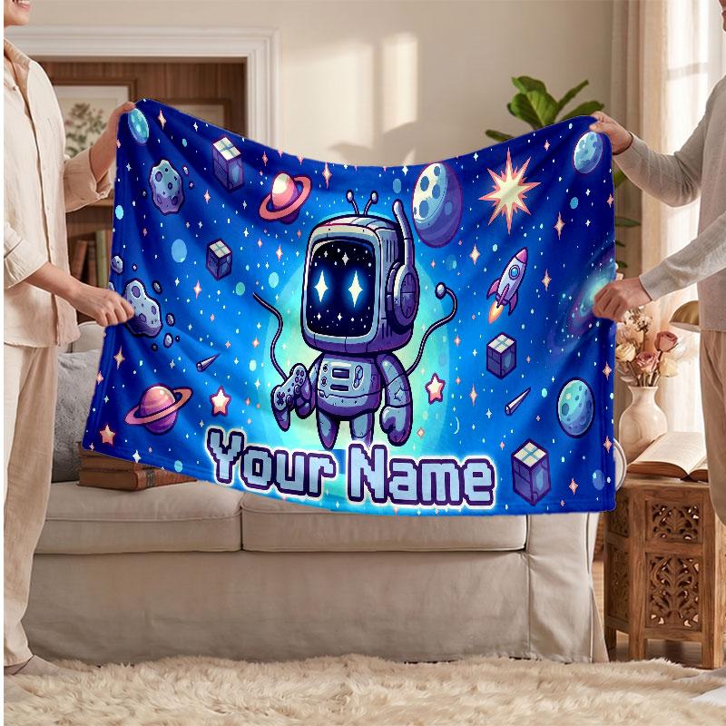 Astro Bot Personalized Flannel Blanket, Custom Printed Text Name, Warm Soft Blanket For Couch Bed