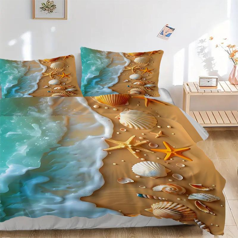 3pcs Beach Themed Seashell Starfish Shellfish Ocean Wave Coastal Decorative Bedding Set, Bedroom or Guest Room, Festive Gift, Anime Cartoon Design