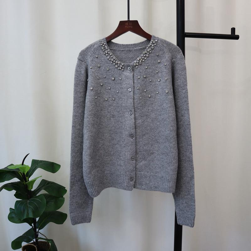 Heavy Industry Diamond-encrusted Design Sweater Jacket Autumn and Winter New Round Neck Temperament Single-breasted Knitted Cardigan Women