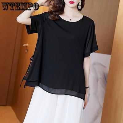 Women's Chiffon Shirt Summer Korean Version Round Neck Plus Size Short Sleeve Top Loose Small Shirt for Women
