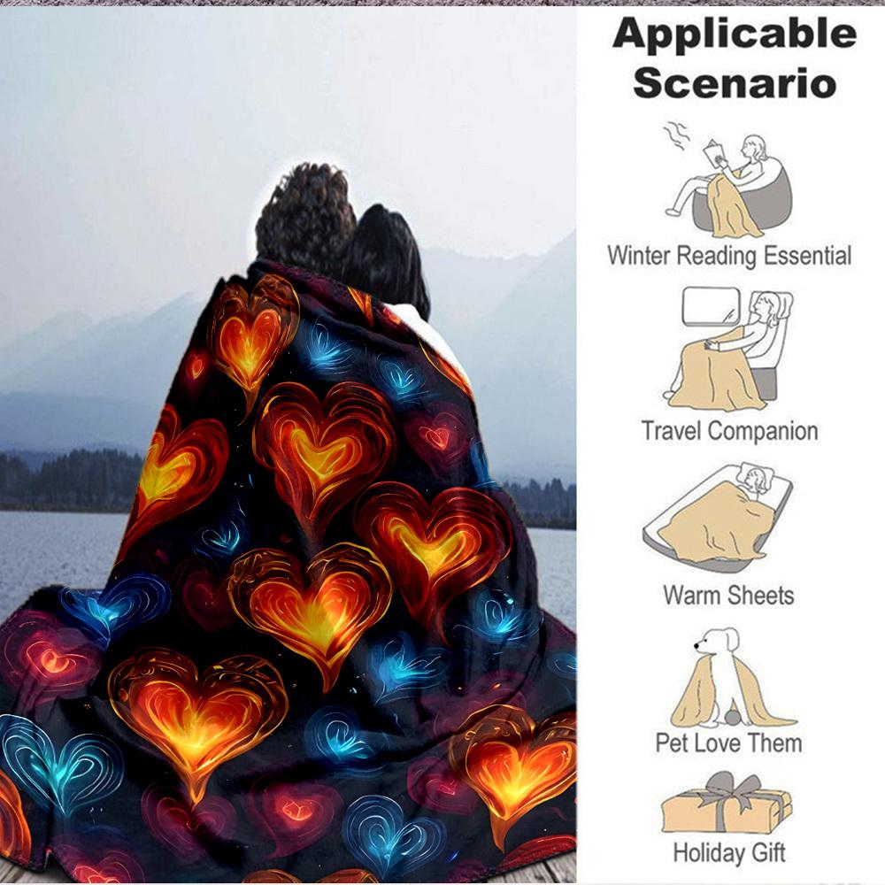1pc Heart Flames Print Blanket   Lightweight Flannel Throw Blanket For Sofa, Bed, Living Room, Office, Outdoor Travel, Camping