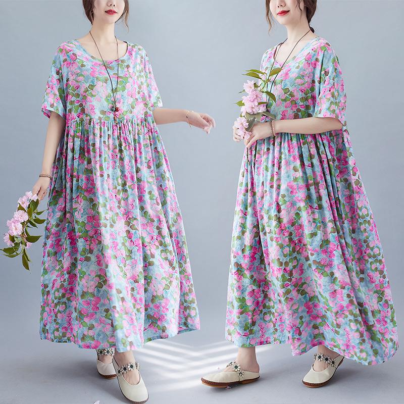

2026 Plus Size Summer Artistic Dress: Loose Printed Short Sleeve for Women, Fits Up to 240 Jin One Size