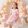 Mädchen Stern Tüllkleid, Weißer kleiner Katzenkopf-Aufdruck, Süßes Prinzessinnen-Partykleid mit Schleife, Kurzärmeliges Sommerkleid für kleine Mädchen