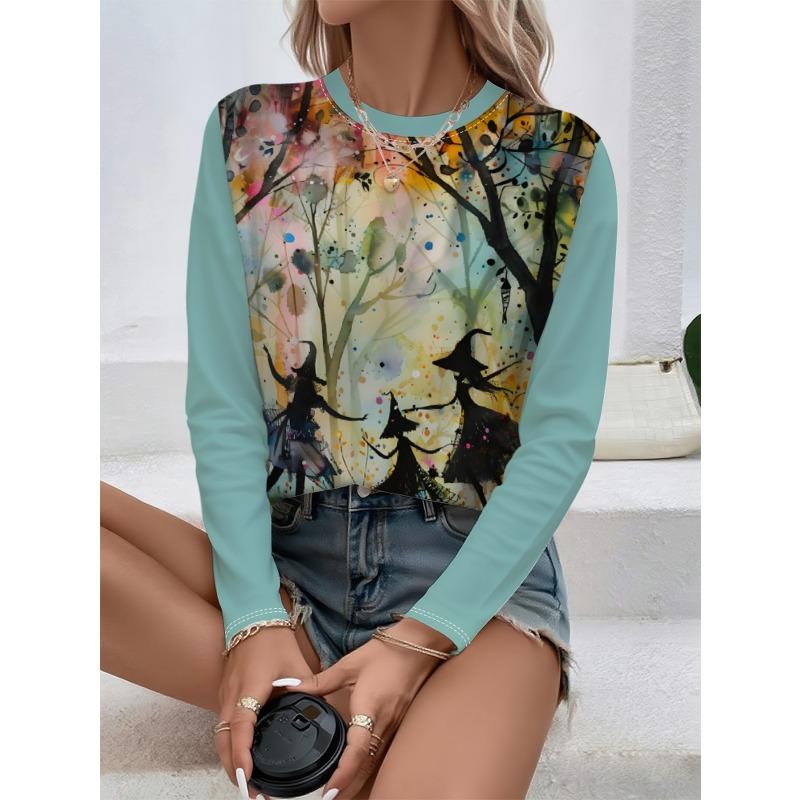 Round Neck 3D Witch Printed Top Casual Long Sleeved Women's T-shirts - Soft Medium Stretch Polyester Fabric Spring and Autumn Relaxed Fit Clothing