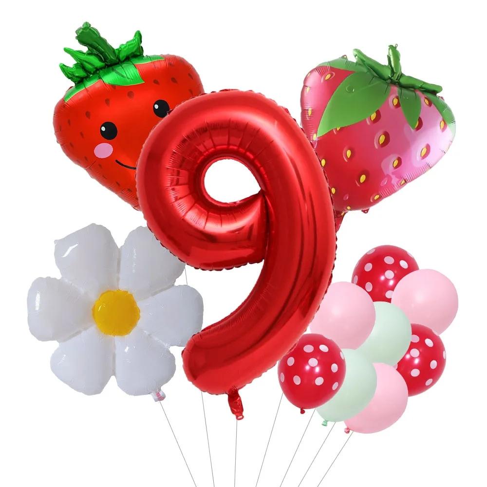 12pcs/set Strawberry Daisy Flower Balloons 32inch Red Number Balloon for Berry First Birthday Girls Sweet Fruit Party Decoration
