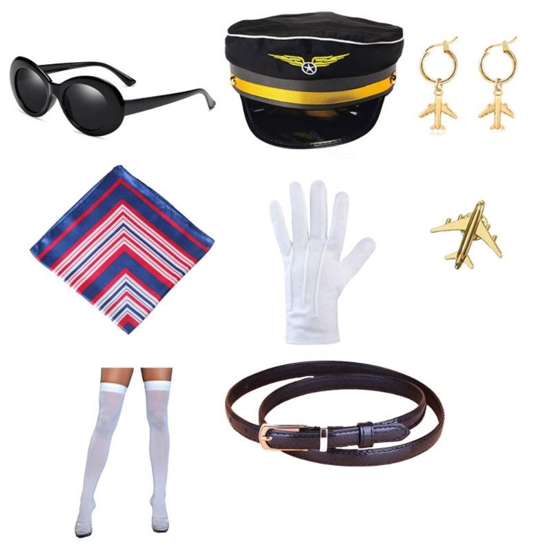 Flight Captain Outfits Captain Hat Uniform Epaulettes Neck Tie Halloween Stewardess Costume Flight Attendant Cosplay Set