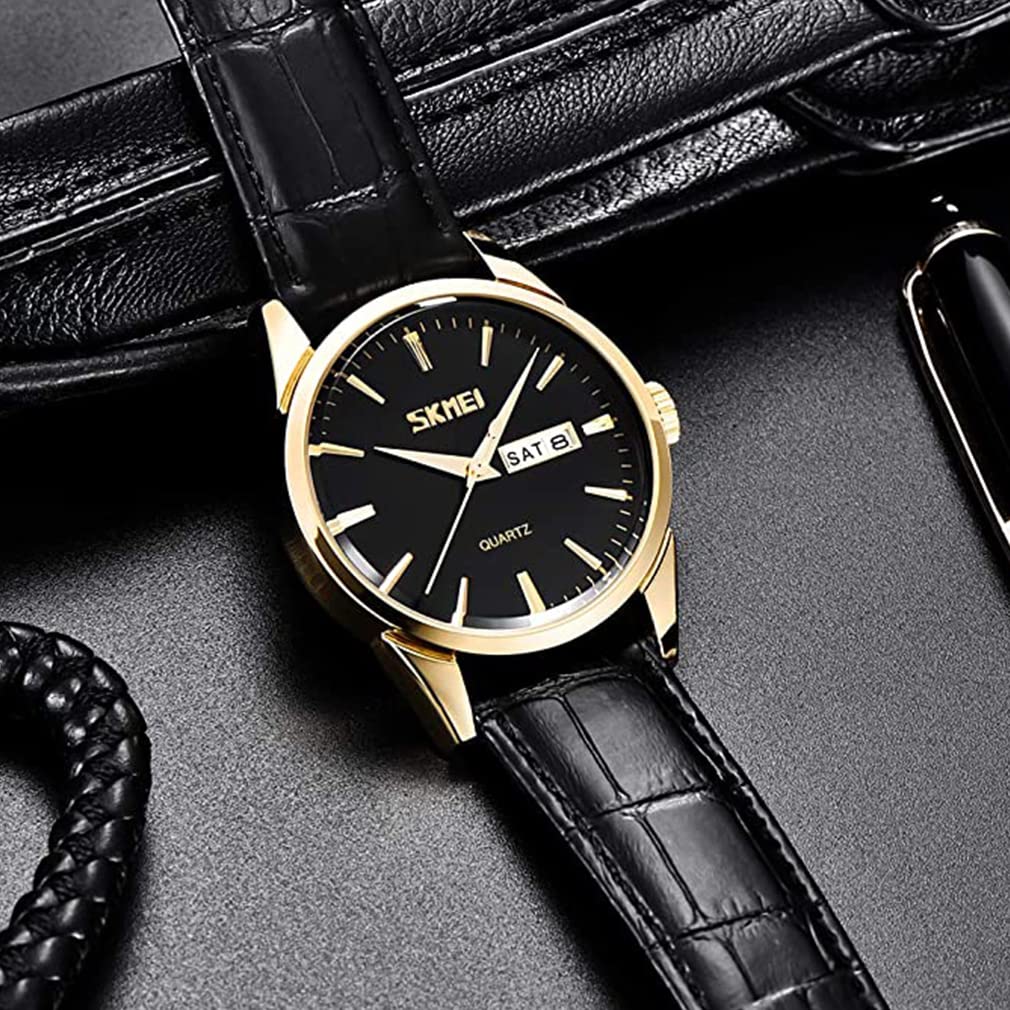 Black Leather Business Quartz Date Day of the Week Day Gift Men's Watch, Strap, Style, Classic, Waterproof, Movement, Analog, Stylish, Casual, Simple,