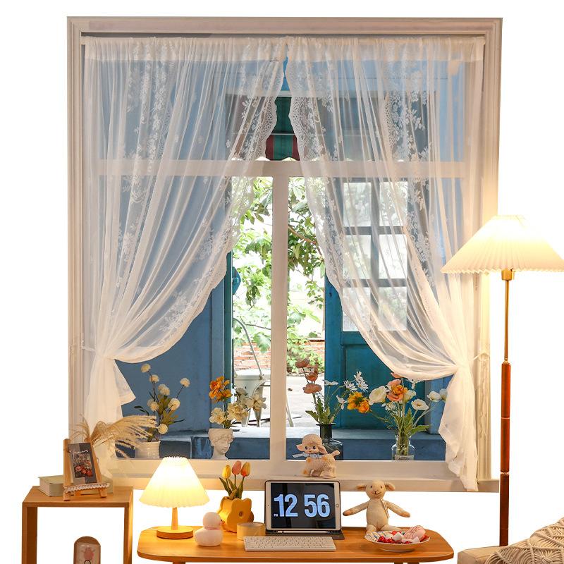 Transparent Lace White Tulle Curtain, Living Room Dormitory Bay Window Internet Celebrity Transparent Jacquard Gauze Curtain Finished Product