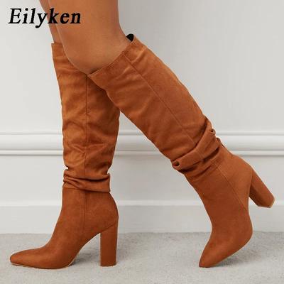 Fashion Eilyken Fashion Women High Heel Boots Designer Chunky Heel Shoes Long Boots the Knee Pleated Botas Mujer