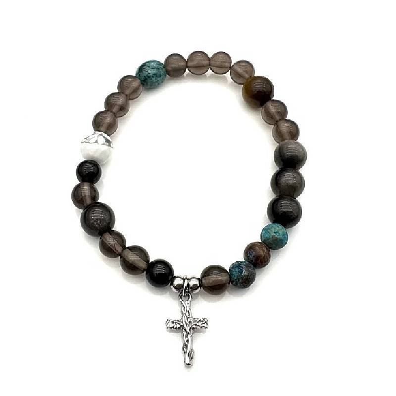 

Handmade Geometric Cross Beaded Bracelet For Men And Women With Stone And Steel Elements