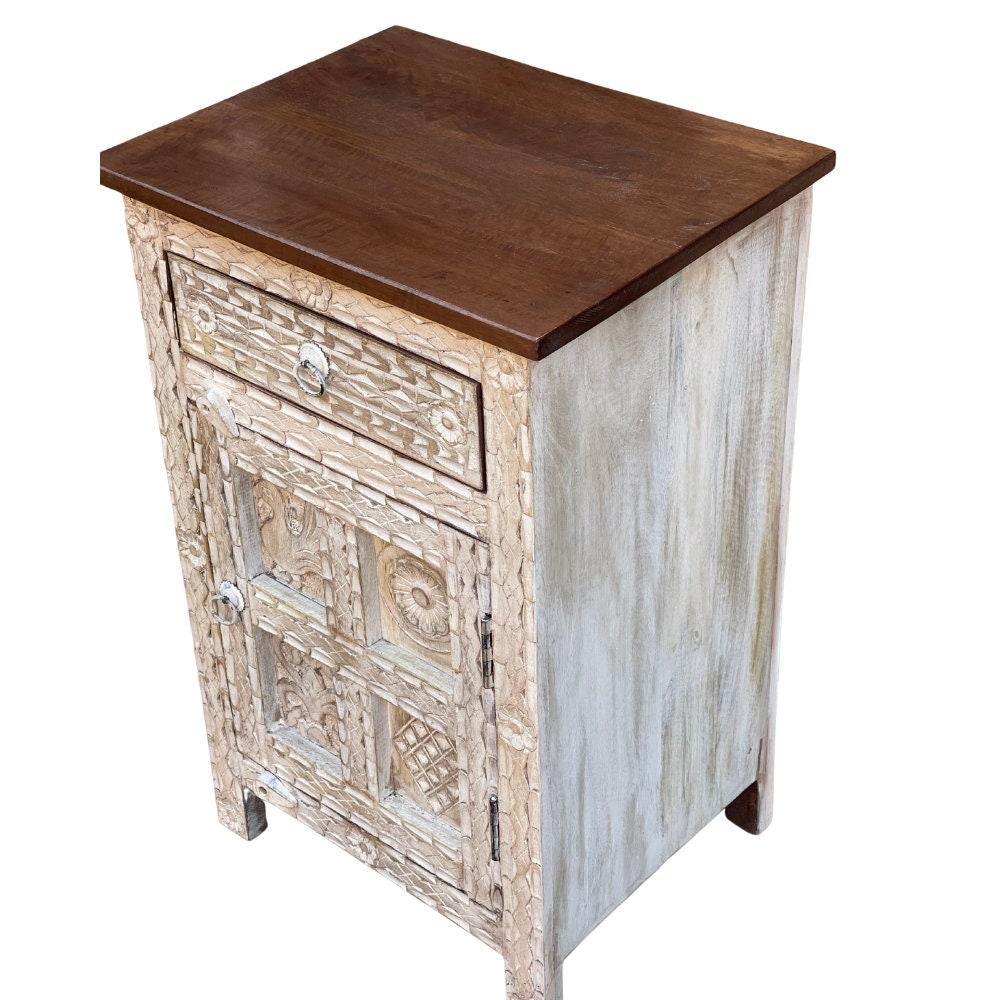 Wood Carved Side Cabinet Bedside Storage With Desk Drawer,Living Room End Table Furniture-Sideboard Drawer-Wood Cupboard Nightstand