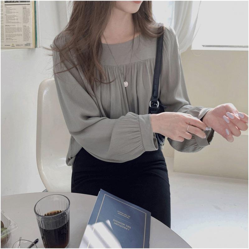 Spring and summer pullover gray long-sleeved cotton other sources temperament commuter lantern sleeves solid color round neck chiffon shirt