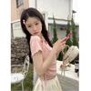 Sweet Girl Pink Korean Style Short-sleeved Bow Design T-shirt Summer New Versatile Slim Waist Short Top for Women