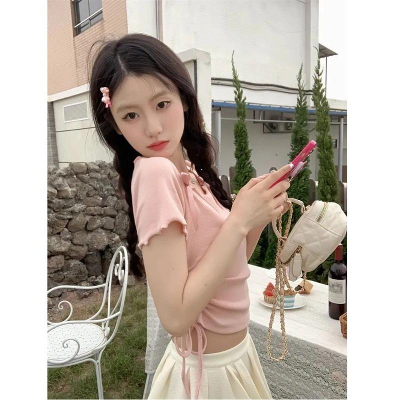 Sweet Girl Pink Korean Style Short-sleeved Bow Design T-shirt Summer New Versatile Slim Waist Short Top for Women