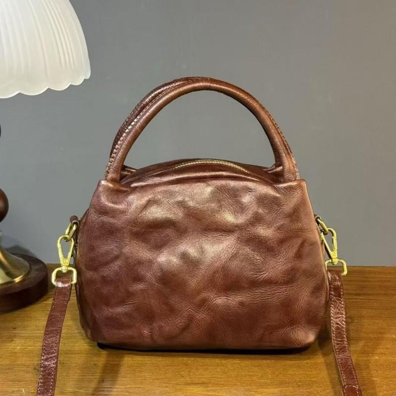 Fashionable Retro Small Bag Women's Full Tree Cream Cowhide Same Style Bowling Genuine Leather Handbag Crossbody