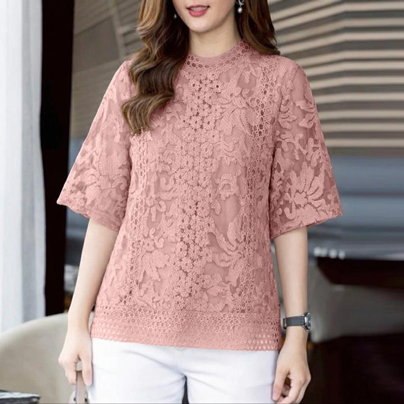 ZANZEA Women Casual Stand Collar Half Sleeve Lace Embroidery Patchwork Blouse