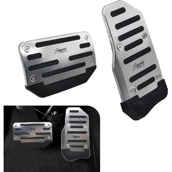 2 PCS Car Brake + Throttle Foot Pedals Kit, No Drilling Required Alloy Sports Decoration, Upgraded Anti-Slip Rubber Strip Foot Pedal Cover, Universal