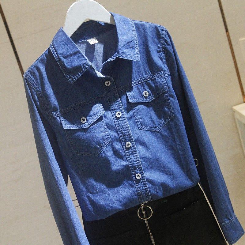 

Модная и удобная женская джинсовая рубашка с длинными рукавами в корейском стиле на весну XL синий